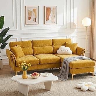 87”Chenille L Shaped Sectional Couches for Living Room,3 Seat Compfy Sofa with Lounge Chaise for Small Spaces,Mid Century Modern Style,Golden Yellow