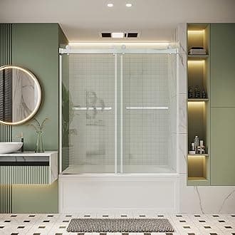 Bathtub Shower Door, 56-61" W x 66" H, SGCC-Certified 3/8" (10mm) Clear Tempered Glass, Frameless Double Sliding Shower Door, Stainless Steel Brushed Nickel Finish