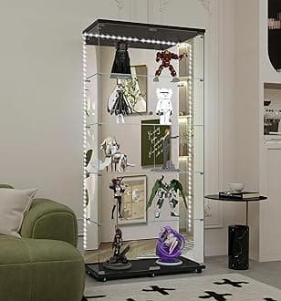 Modern Glass Display Cabinet 5-Shelf with LED Light,Mirror,Lock and Wheels,2 Door Curio Cabinets,Tempered Glass Collection Display Showcase for Living Room Home Office,30.9x13.5x74.8"H,Black