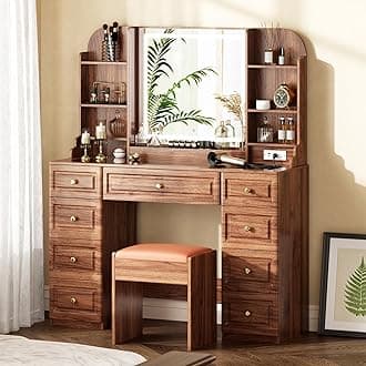 43" Makeup Vanity Desk with Mirror and Lights, & Power Outl, Glass Top Big Vanity Table with 9 Drawers& 8 Storage Shelves, Dressing Table Set with Chair for Bedroom, Brown