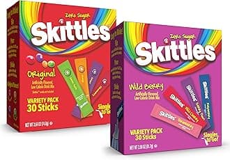 - Skittles Singles To Go Wild Berry & Original Flavors Variety Pack, Watertok Powdered Drink Mix, Zero Sugar, Low Calorie, Includes 4 Wild Berry Flavors & 4 Original Flavors, (60 Single Servings)