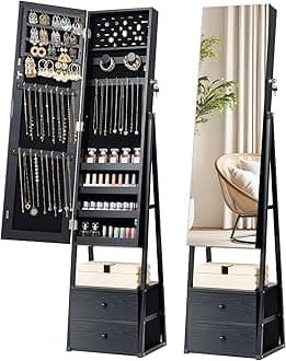 Nicetree LED Mirror Jewelry Cabinet Standing, Lockable Jewelry Cabinet Armoire with 2 Drawers, Full Length Mirror with Jewelry Storage, Christmas Gifts, Black…