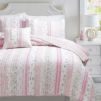 Cozy Line Home Fashions Pink Rose Blue Flower Floral Printed Lace Stripe 100% Cotton Bedding Quilt Set Reversible Coverlet Bedspread (Pink Lace, King - 3 Piece)