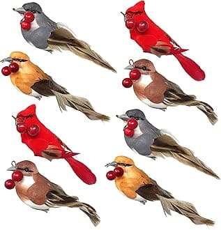 Feathered Song Bird Clip-On Christmas Ornaments - Set of 8 Assorted Styles of Birds with Metal Clips - Cardinals Orioles Finches Chickadees - $2.12 Each - Carrying Red Berries - Measures 4"W