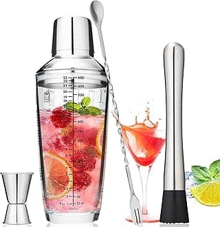 Tiawudi 23oz Glass Cocktail Shaker Set, 4PCS Bartender Kit, Martini Mixer Shaker with Built-in Strainer, Measuring Jigger, Cocktail Muddler & Mixing Spoon, Bar Tool Set for Bartender and Home Use