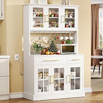 YITAHOME 71'' Kitchen Pantry Storage Cabinet with Microwave Stand, Tall Freestanding Hutch Cabinets with Power Outlet, Pantry Cabinets with Buffet Cupboard, Drawers & Acrylic Doors for Home, White