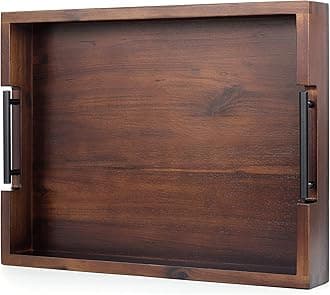 Ottoman Tray, Acacia Wood Serving Tray with Metal Handles, 16.5x12.5in Food Drinks Tray for Coffee Table, Breakfast, Dinner & Bar, Rustic Decorative Storage Tray for Ottoman, Kitchen, Packaging