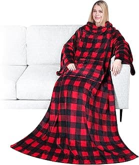 PAVILIA Blanket with Sleeves for Adult Women Men, Soft Warm Wearable Blanket Fleece Wrap Throw, Robe Blanket Gift, Checkered Red, Fleece