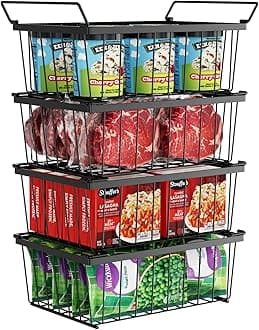 iSPECLE Freezer Organizer Bins - 4 Pack Stackable Deep Freezer Organizer Bins for 5 Cu.Ft Chest Freezer Sort Frozen Food, Heavy Duty Metal Storage Bins with Handles, Easy Access without Digging