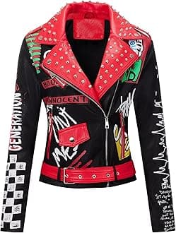 Women Faux Leather Jacket Studded Rivet Spring Fall Fashion, Hip-Length Moto Biker Trendy Clothes Streetwear Belted