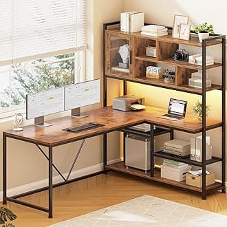 L Shaped Computer Desk, 58'' Office Desk with LED Light and Bookshelf, L Shaped Corner Desk with Storage Shelves for Home Office, Gaming Desk, L Desk, Rustic Brown