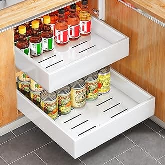 Pull Out Cabinet Organiser, Slide Out Drawer Storage Shelves for Kitchen Cupboard, Roll-Out Extendable Sliding Drawer, (43 CM Depth x 30 CM Width x 9CM Height)，No Need Drill and Nailing (White)