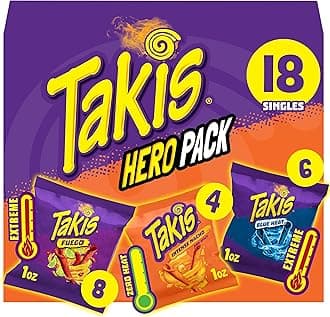 18 pc / 1 oz Hero Variety Pack, Assorted Flavored Mixed Rolled Tortilla Chips – (8) Fuego, (6) Blue Heat, (4) Intense Nacho