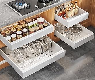 Seinloes 4Pack Expandable Pull Out Cabinet Organizer 21"Deep with Raising Pad for Framed Cabinets,Slide Out Drawers with 4pcs Divider Racks,Roll Out Shelves Adhesive,Adjustable Width 12.05"-20.4"White