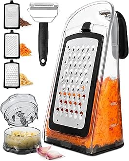 Cheese and grater with Garlic Crusher - Stainless Steel Box Grater - Kitchen Cheese Shredder with Handle - Garlic Mincer Tool and Vegetable Peeler
