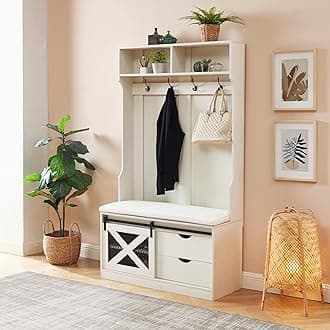 Edwin's Choice 71" H Entryway Hall Tree with Coat Rack and Storage Bench, Wood Coat Tree with Cushioned Stool and Hooks for Hallway, Living Room, Mudroom (Antique White)
