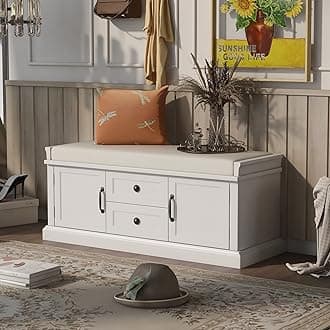 Modern Wood Storage Bench with 2 Drawers and 2 Cabinets for Living Room Bed Room Entryway White