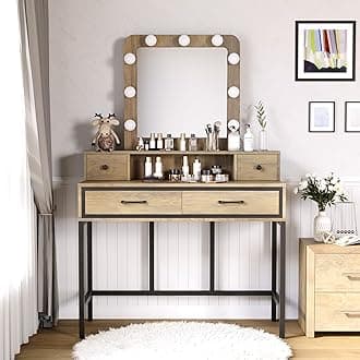 SUNVIVI Vintage Vanity Desk with Lighted Mirror, 40" Large Dressing Makeup Vanity Table with 4 Drawers, 3 Color Lighting Modes & 10 Brightness, Dressing Table with Metal Frame for Woman Adult Bedroom