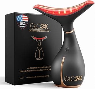 GLO24K UNLEASH THE POWER OF GOLD Red Light Beauty Device for Face and Neck. Based on Triple Action L E D, Thermal, and Vibration Technologies.