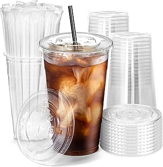 Fit Meal Prep 100 Pack 24 oz Plastic Iced Coffee Cups with Flat Lids and Black Straws, Disposable Clear Cup, BPA Free Cup for Party, Smoothie, Cold Drinks, Juice, Milkshake, Bubble Boba, Tea