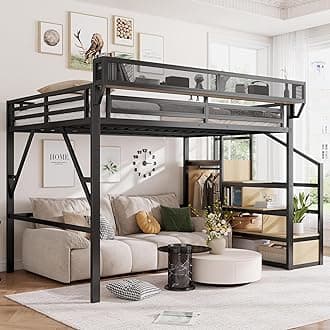 Mirightone Queen Size Loft Bed with Stairs and Storage, Metal Loft Bed Frame with Bedside Shelf and Large Under-Bed Space, Heavy-Duty Bed for Adults Teens and Kids, Convertible Staircase, Black