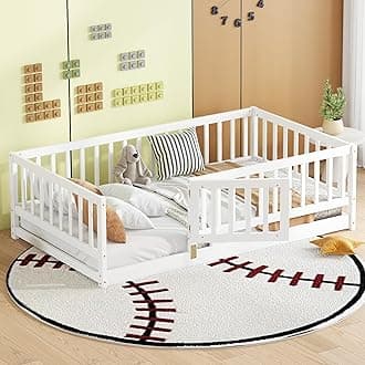 Twin Size Floor Bed Frame with Door and Slats,Montessori Floor Bed with Safety Guardrails for Girls Boys,Solid Wood Kids Montessori Bed Twin Size,White