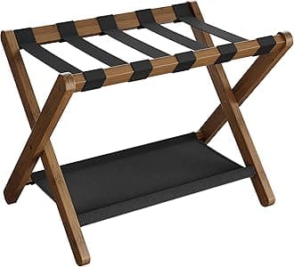 SONGMICS Luggage Rack, Folding Suitcase Stand with Storage Shelf, for Guest Room, Hotel, Bedroom, Heavy-Duty, Holds up to 131 lb, Walnut Brown URLR007D01
