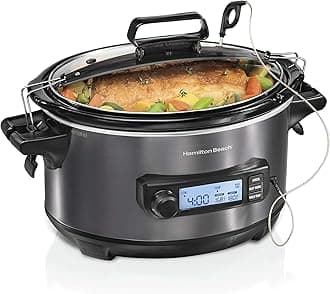 Portable 6 Quart Set & Forget Digital Programmable Slow Cooker with Lid Lock, Temperature Probe, Dishwasher Safe Crock & Lid, Black Stainless (33866)