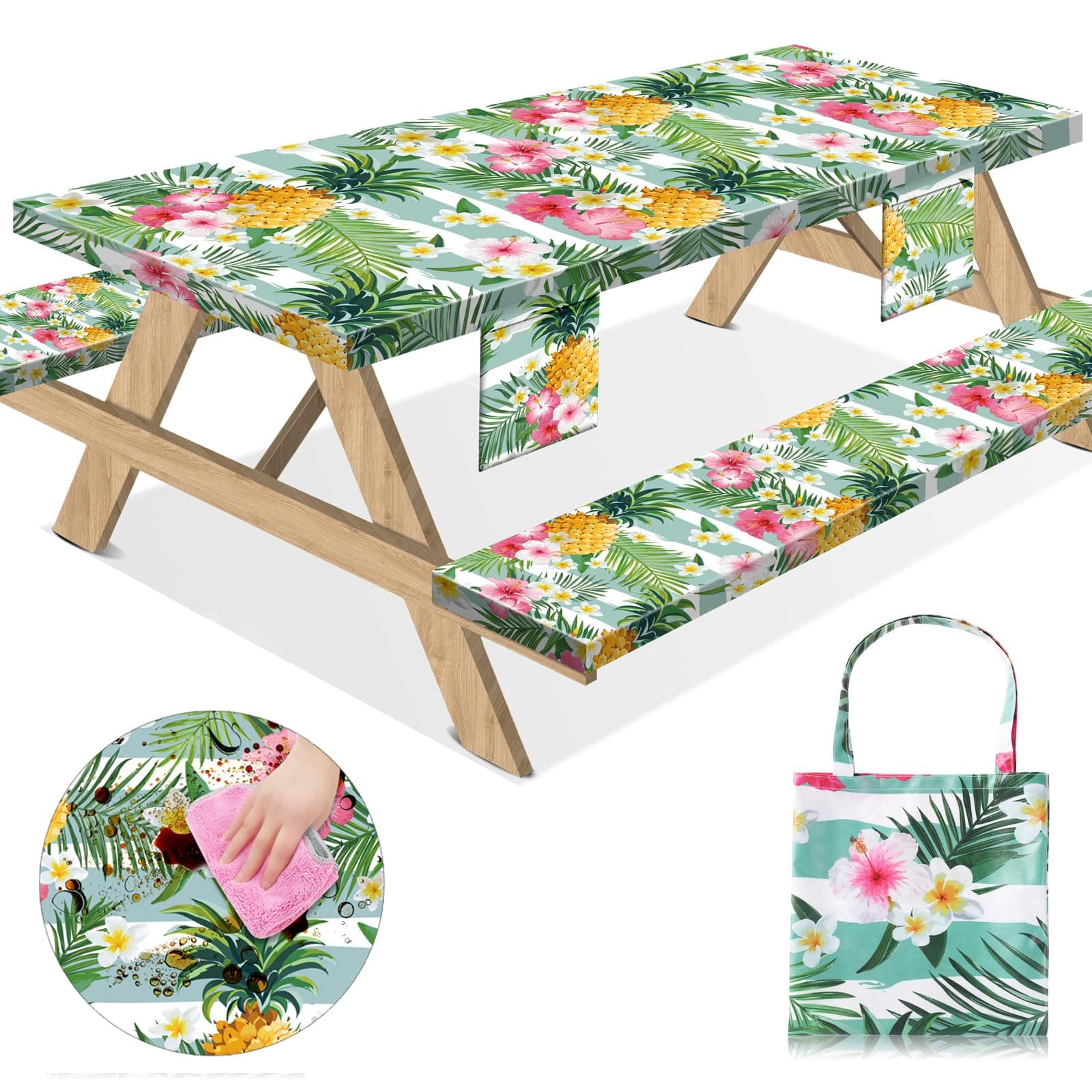 Picnic Table Cover with Bench Covers Camping Gear Essentials Rectangle Tablecloth with Elastic Fitted Cloths for Outdoor 96x30 Inch Reusable Table Cloth Camp Accessories Stuff for 8 ft Tables