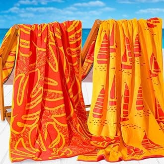 VOOVA & MOVAS 2PC Oversized Beach Towels for Adults - 40"X75" 650GSM, Jacquard, Thick Cotton Pool Beach Towels for Men and Women - Soft and Absorbent Swim Bath Sheets - Boat & Palm