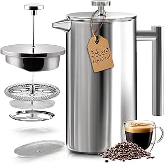 French Press Coffee Maker, 1 Litre (8 Cups) Double Wall Stainless Steel Cafetiere, Silver – Insulated Coffee Press (Pack of 1)