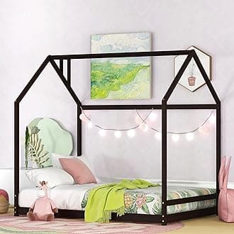 Bellemave Kids Montessori Floor Bed,Full Size House Bed with Fence,Wooden Floor Bed for Kids,Full Bed Frame for Girls,Boys(Full,Espresso)