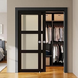SMARTSTANDARD Bypass Sliding Closet Doors 60x80 in (Double 31in) for Bedroom, 3-Lite Frosted Glass Bypass Door with Hardware Kit Included, Preassembled Door Panel, Water-Proof PVC Surface, Black