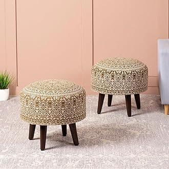 nestroots Set of 2 Wooden Ottoman Stools for Living Room | Printed Pouffes for Sitting, Foot Rest with 4 Wooden Legs | 14 Inch Height, Yellow | Stylish & Comfortable Furniture for Home Décor