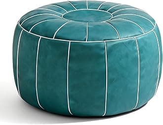 Unstuffed Moroccan Storage Pouf Foot Stool Ottoman Seat Handmade Faux Leather Bean Bag Floor Chair Foot Rest for Living Room, Bedroom or Balcony (Teal Blue)