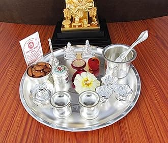 GoldGiftIdeas 12 Inch Archana Pooja Thali Set with German Silver Coin, Pooja Thali Decorative, Unique Wedding Gift