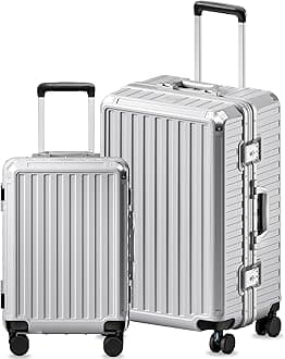 Luggage Sets with Spinner Wheels, 8010S Aluminum Frame Zipperless Polycarbonate Hard Shell Suitcase Sets (ZX-Core, Silver, 2 Piece (20/28))