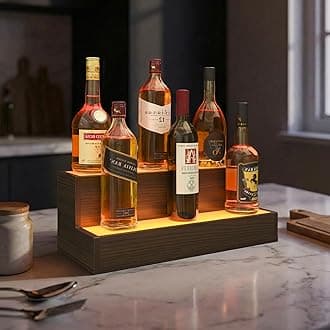 LED Lighted Bar Liquor Shelves, 20 Inch Bar Bottle Display Shelf with App & Remote Control, 2 Tier for Home Bar, Party, Walnut