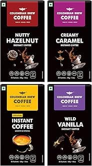 Colombian Brew Hazelnut 50g, Caramel 50g, Vanilla 50g, Pure Instant Coffee Powder 50g, No Sugar (Gift Pack Box ) 3+1