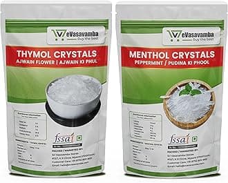 Premium Thymol & Menthol Crystals | 100% Pure & Natural | Ajwain Flower (Thymus Vulgaris) & Mint (Pudina Ka Phool) | Vamu Puvvu | Joni Guti Yamani Ajamo | A++ Grade (Thymol (50g) & Menthol (50g) Crystals)