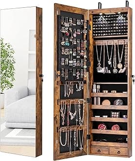 GenericByroce 47.5''H Jewelry Armoire, Over the Door/Wall Mounted, Full Length Mirror with Jewelry Storage, 2-LED Lockable Jewelry Cabinet with 2 Drawers, Hanging Jewelry Organizer for Bedroom (Rustic Brown)