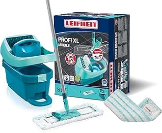Leifheit Floor Cleaning Profi XL Mop and Bucket Set – 42 cm Microfibre Mop for Large Floors with 360° Joint, Foot-Pedal Wringing System, Heavy Duty 8 L Bucket, Easy Moist or Wet Cleaning, Turquoise