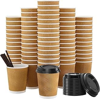 90 Pack - 8 oz Disposable Coffee Cups with Lids and Straws,To go Coffee Cups,Insulated Corrugated Paper Cups,Kraft Ripple Wall Cups for Hot Beverage or Cold Drinks -Champagne
