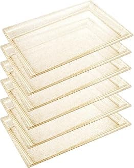 I00000 6 Pack Gold Glitter Plastic Serving Tray, 15" x 10" Crooked Food Trays, Clear Disposable Serving Platter for Parties, Weddings