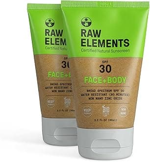 Raw Elements Mineral Sunscreen Moisturizer - Non-Nano Zinc Oxide, 95% Organic, Reef Safe, SPF 30+, Unscented, 3oz Tube (2-Pack)