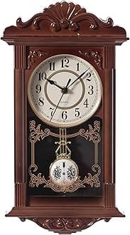 Clockswise Vintage Grandfather-Style Wall Clock with Wood-Effect Plastic Pendulum Battery-Operated for Home Decor Living Room Home Office Kitchen or Dining Room (Brown, 16 Inch)