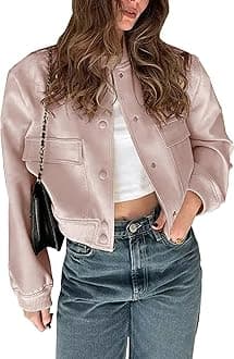 Womens Cropped Bomber Jacket Button Down Varsity Jackets Shackets with Pockets