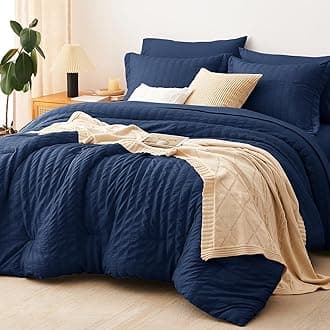 CozyLux King Size Comforter Set Navy Blue Seersucker 7 Pieces Bed in a Bag King Comforter Set with Sheets, Luxury Soft Bedding Sets with Down Alternative Comforter, Sheets, Pillowcases & Shams