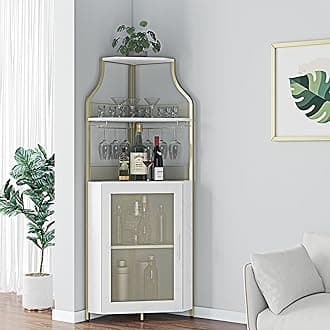 GarveeHome Corner Wine Bar Rack Cabinet with Detachable Wine Rack, Home Bar Cabinet with Barn Door and Adjustable Shelf, Wine Bar Cabinet and Buffet Cabinet with Mesh Door, Gold