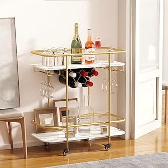 2 Tier Mobile Beverages Trolley Bar Serving Cart on Wheels with Wine Rack and Glass Holder Modern Rolling Beverages Storage Trolley for Home Kitchen Party (Gold)